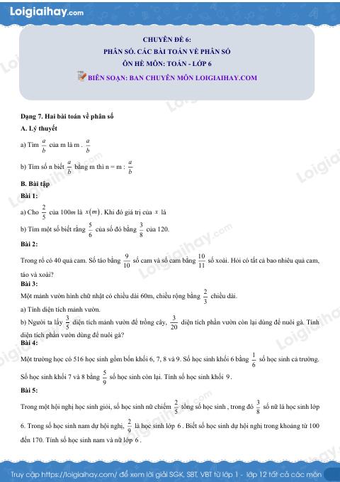 Dạng 7. Hai bài toán về phân số Chủ đề 6 Ôn hè Toán 6